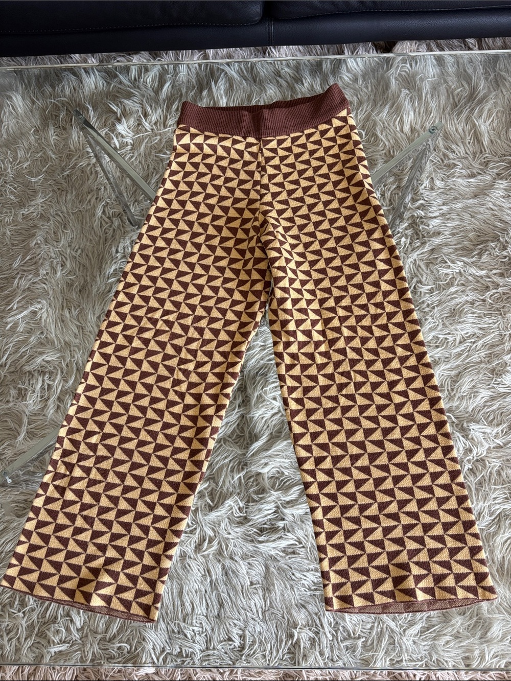 Cute Zara Geometric Knit Wide-Leg Pants in Mustard & Brown 11/12